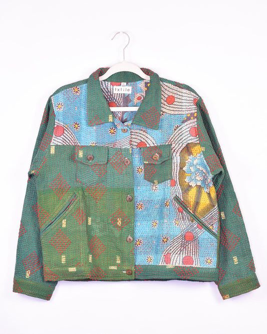 Txtile Alfie Chore Jacket Green & Turquoise Size XL - Quilted Patchwork Kantha Jacket