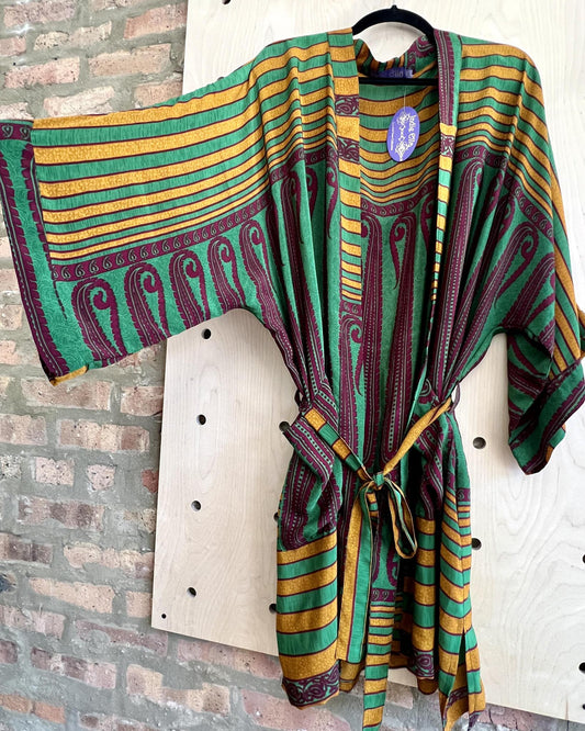 Indie Ella Flannery Bohemian Flowy Crepe Silk Kimono in Vivid Jade, Burgundy, Gold