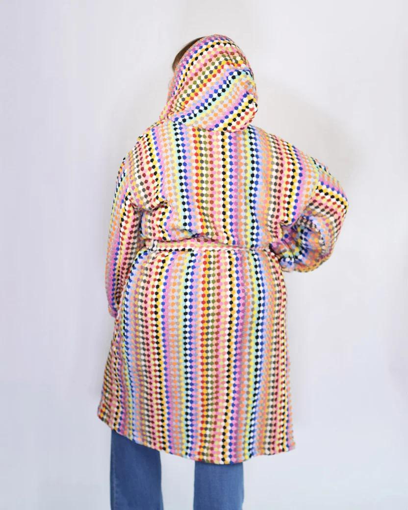 Txtile Turkish Cotton Plush Hooded Terry Cloth Robe - Rainbow Checkers