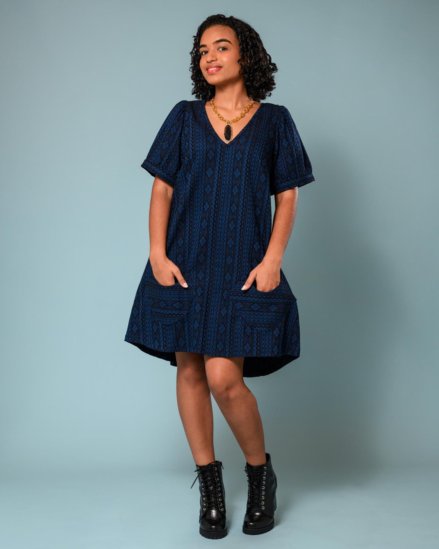 Squasht Winifred Dress Blue & Black Geo Print