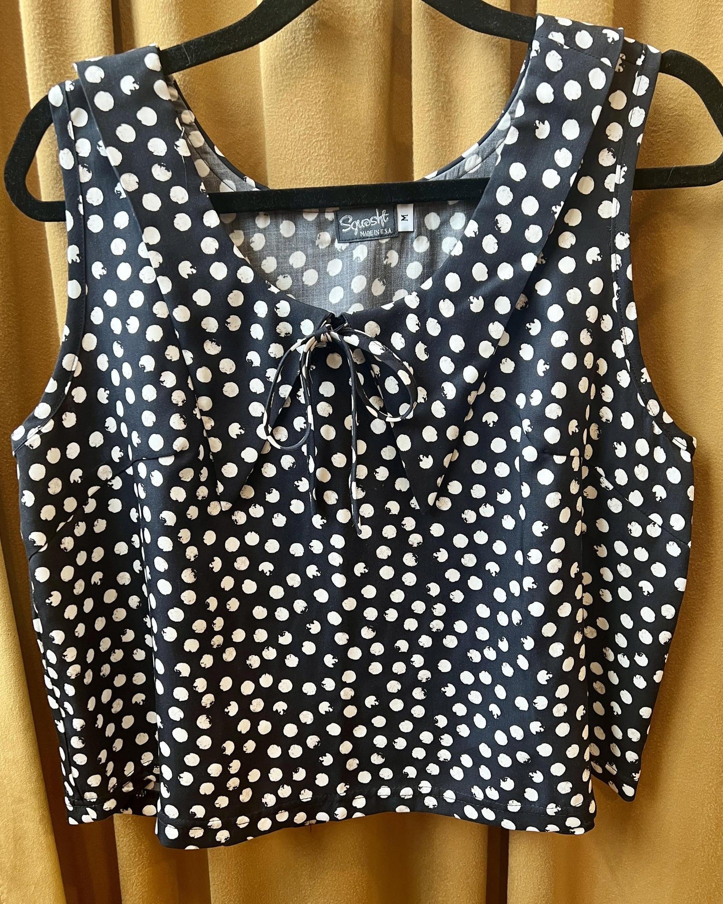 Squasht 70s Collared Tank in Black Polka Dots w/ Polka Dot Collar & Bow