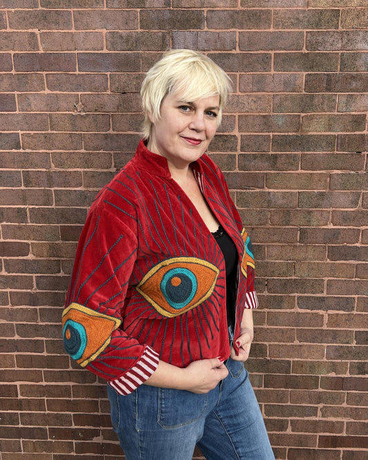 Txtile Velvet Evil Eye Jacket in Cherry Red with Orange Eyes