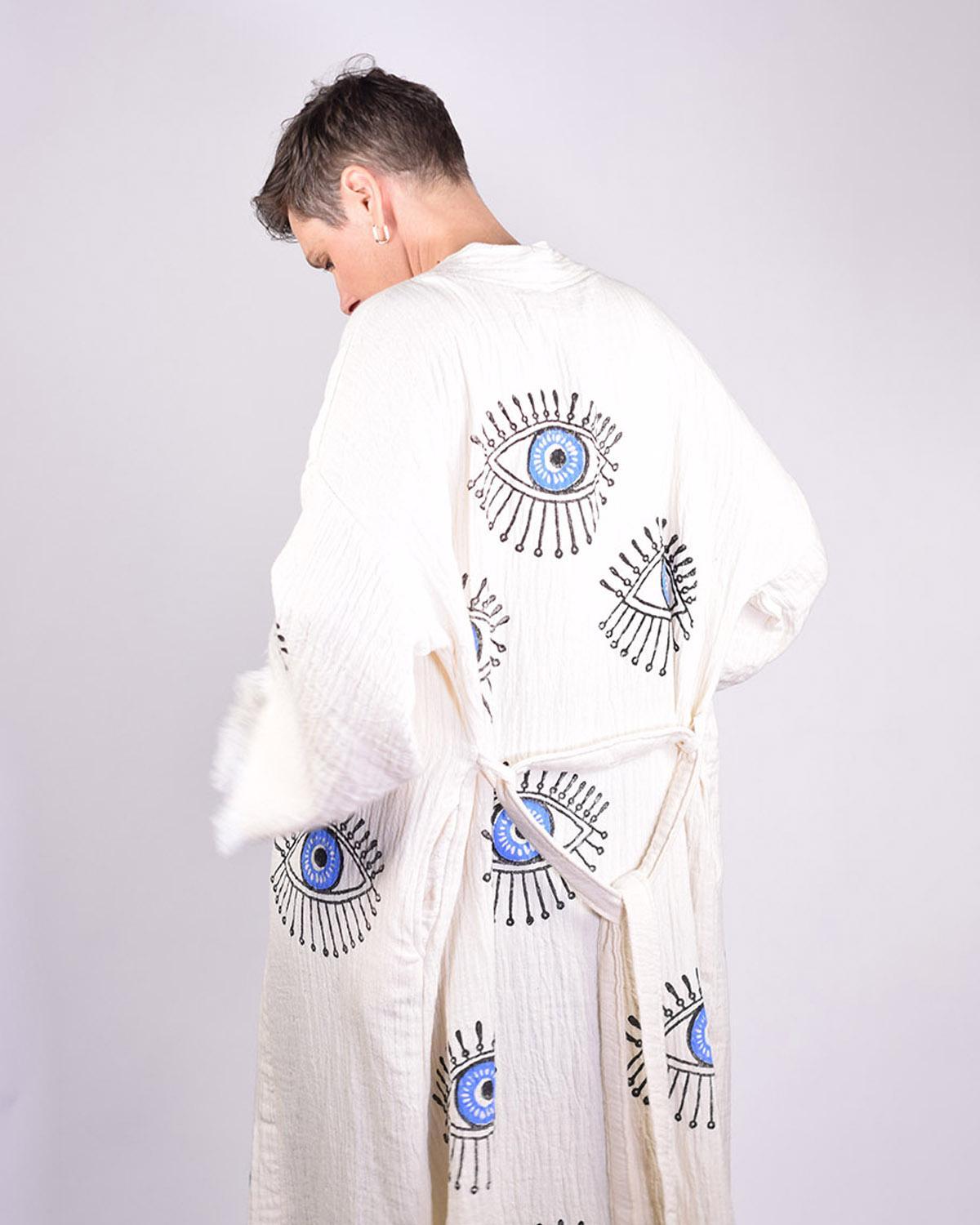 Txtile Luxury Turkish Cotton Evil Eye Kimono/Robe - Cream with Blue Eyes
