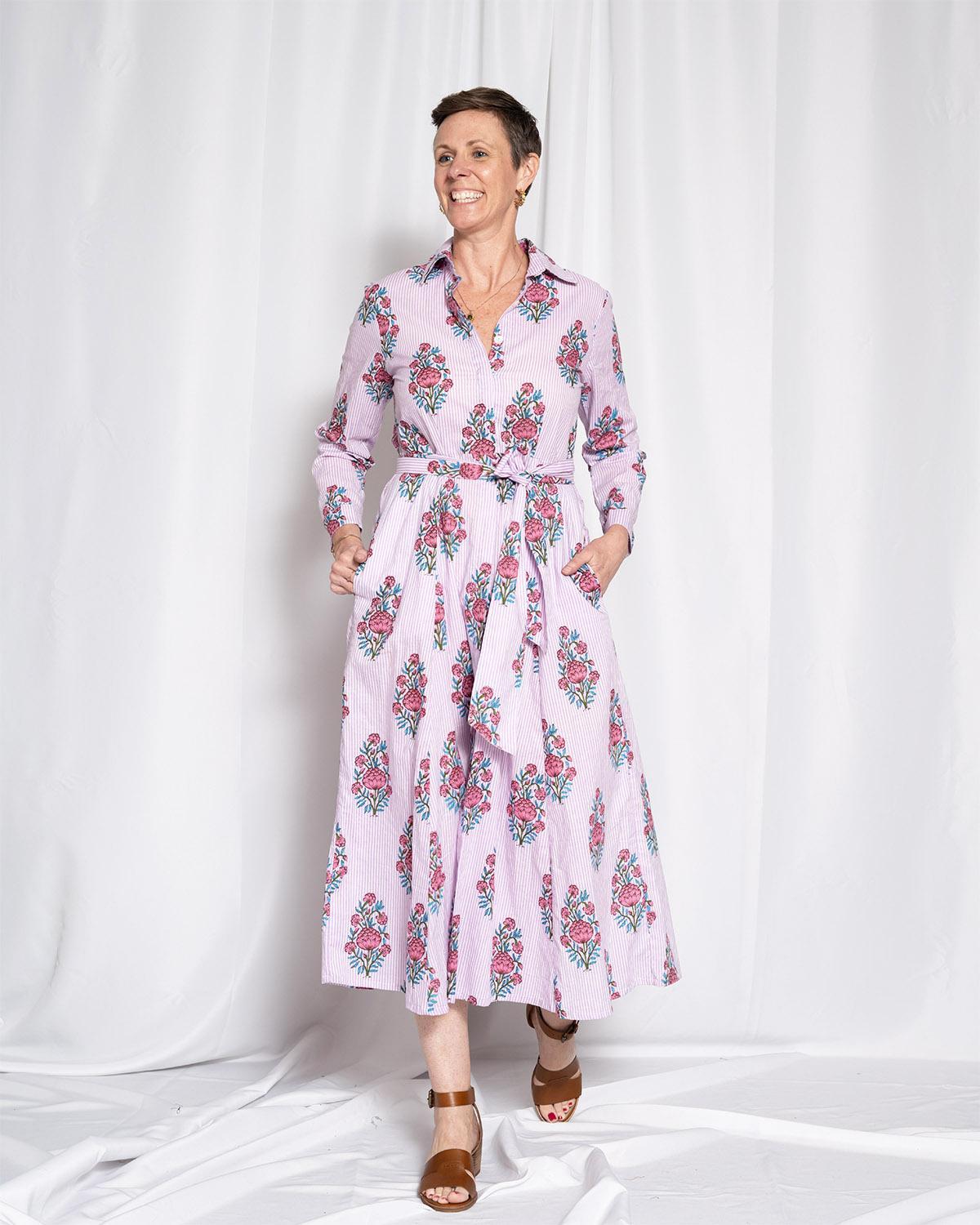 Txtile Elena Button Down Long Sleeve Shirt Dress - Lavender Picnic