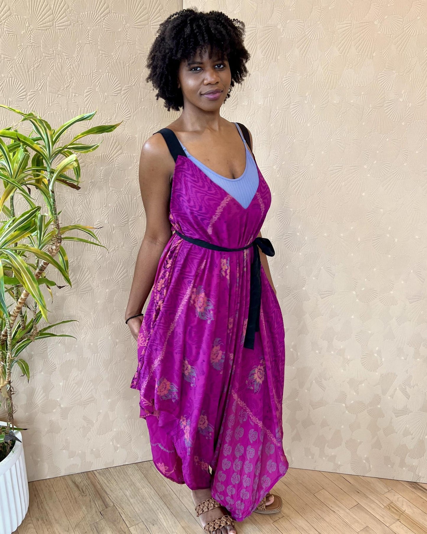 Indie Ella Zatanna Boho Silk Jumpsuit in Fuschia Flourish