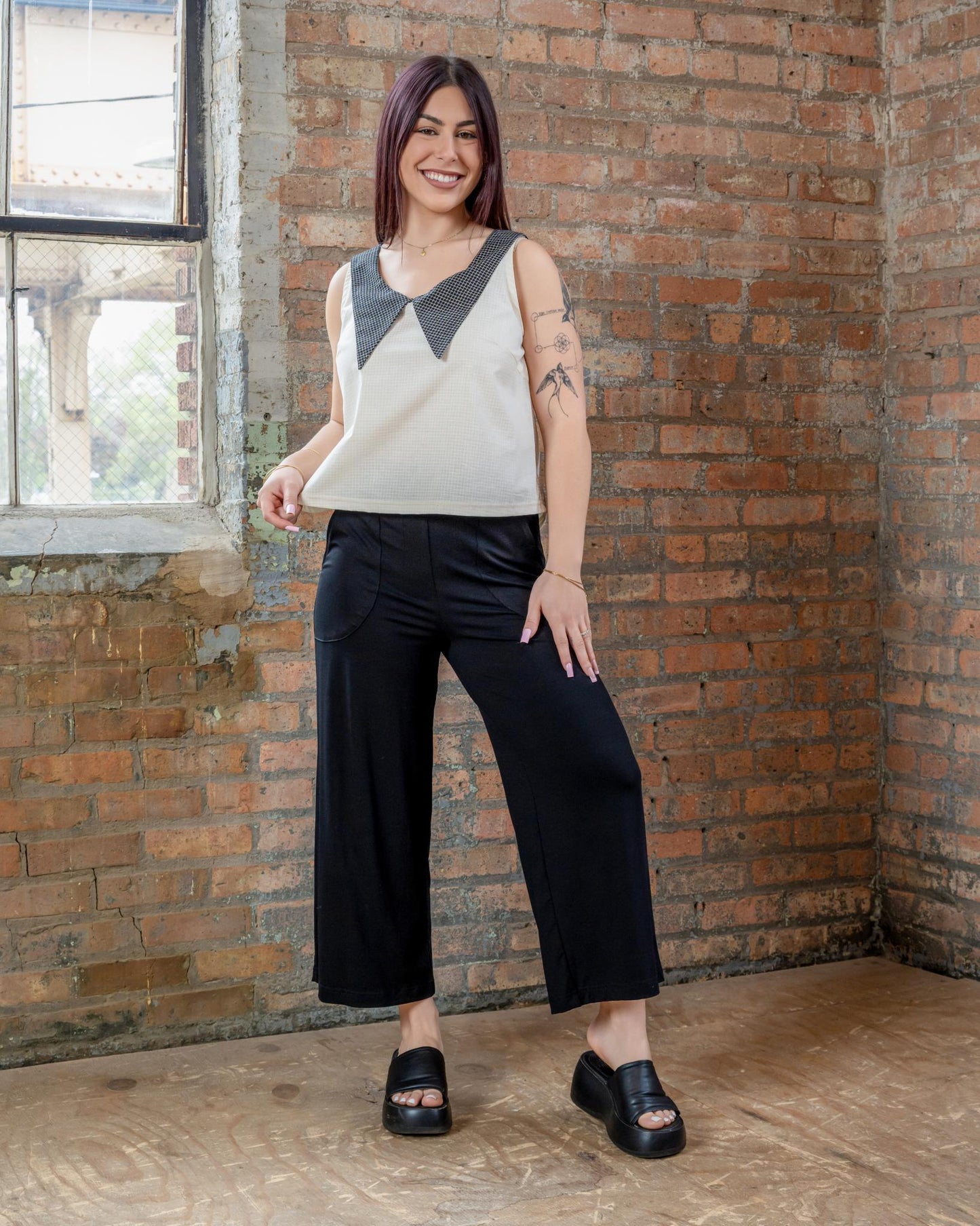 Squasht 70s Collared Tank in White Grid Print with Black Grid Collar