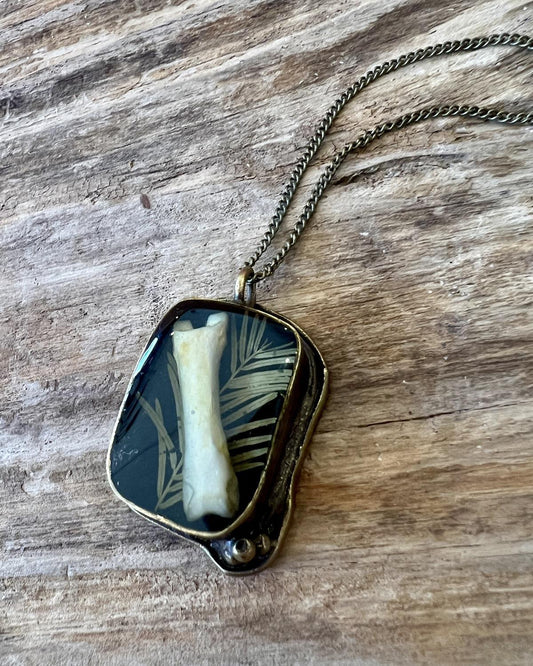 Pajaro Negro Coyote Bone Fern Brass Rectangular Pendant Necklace