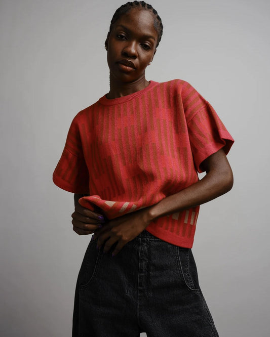 The Endery Bauhaus Short Sleeve Sweater Tee in Aurora (Red/Orange)