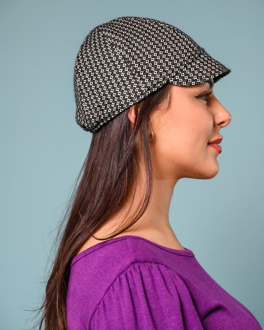 Squasht Reversible Bella Hat in Black and White Diamond Silk Tweed