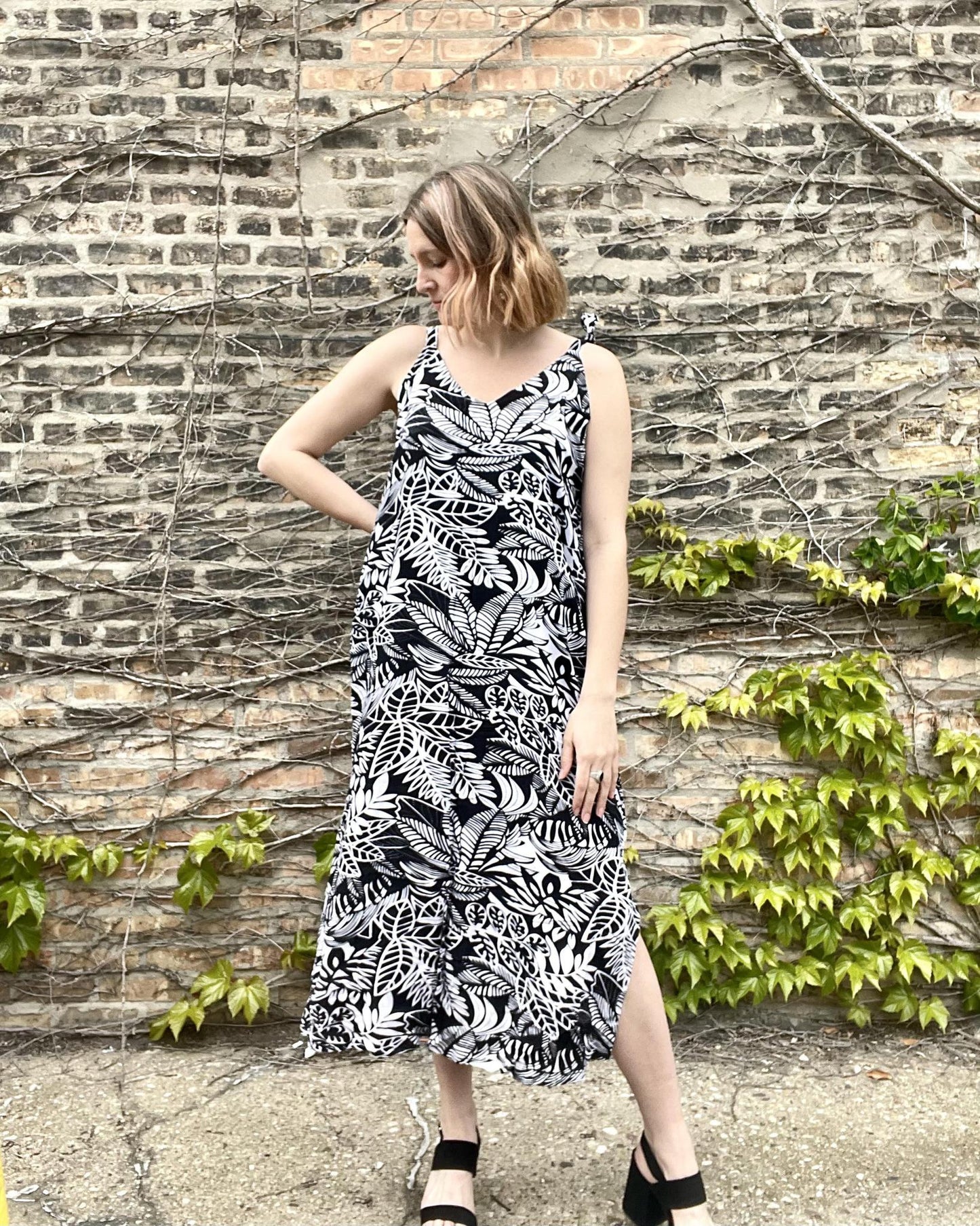 Tangerine Temple Shoulder Tie Dress in Black and White Tropical Print - SALE
