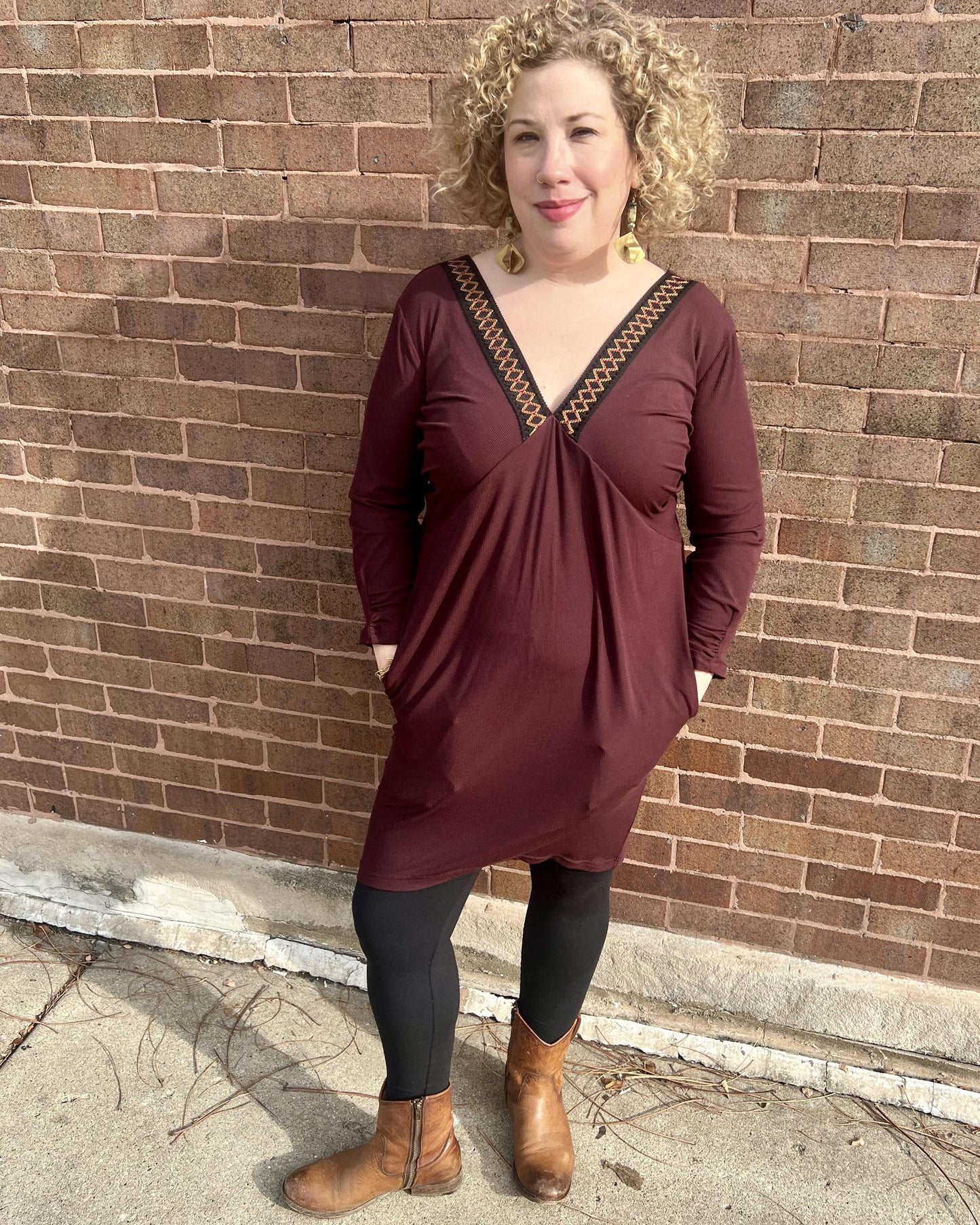 Squasht Drea Draped Dress in Cranberry with Black & Cranberry Vintage Trim