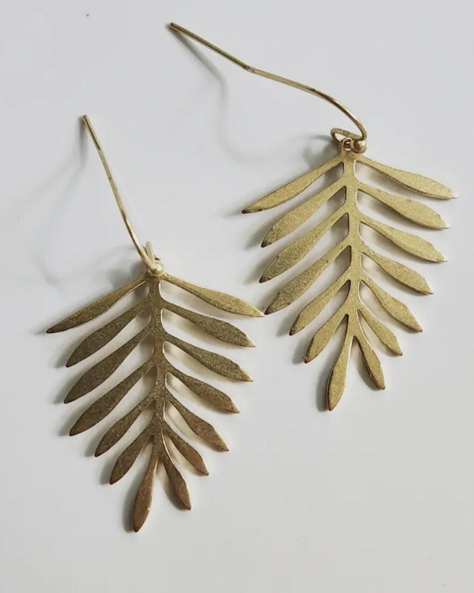 Sara Sela Brass Fern Leaf Dangle Earrings