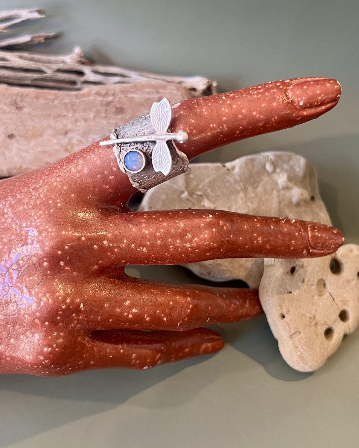 Pajaro Negro Opal and Dragonfly Antiqued Silver Ring