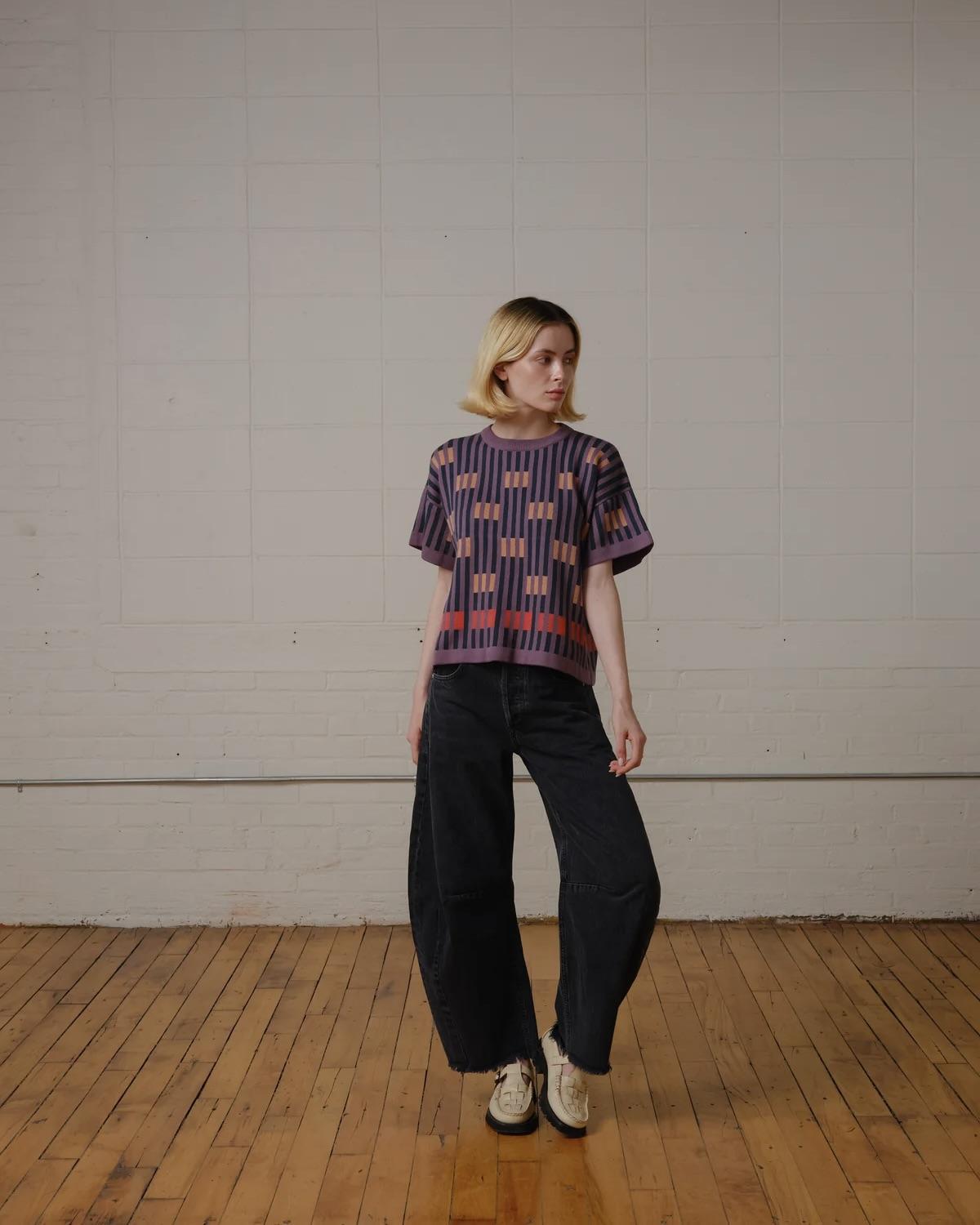 The Endery Bauhaus Short Sleeve Sweater Tee in Rhodolite (Plum/Indigo)
