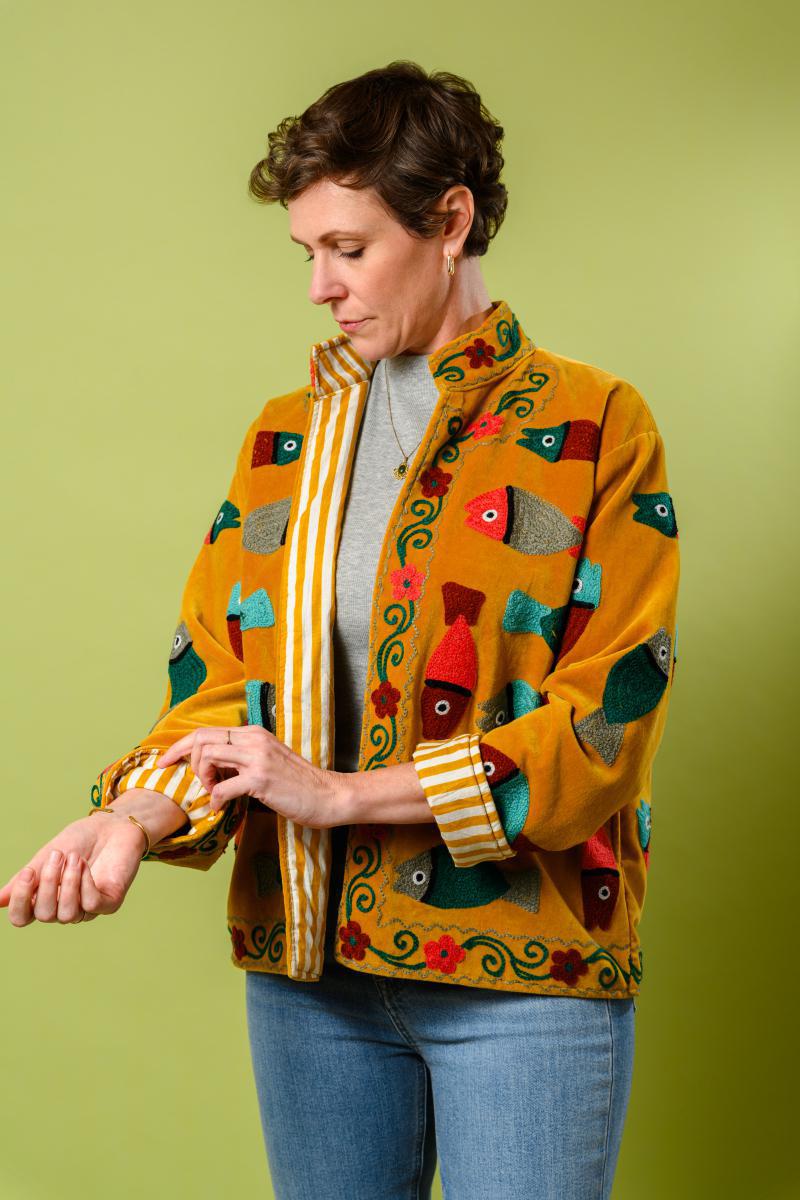 Txtile Gold Velvet Jacket with Allover Fish Embroidered Design