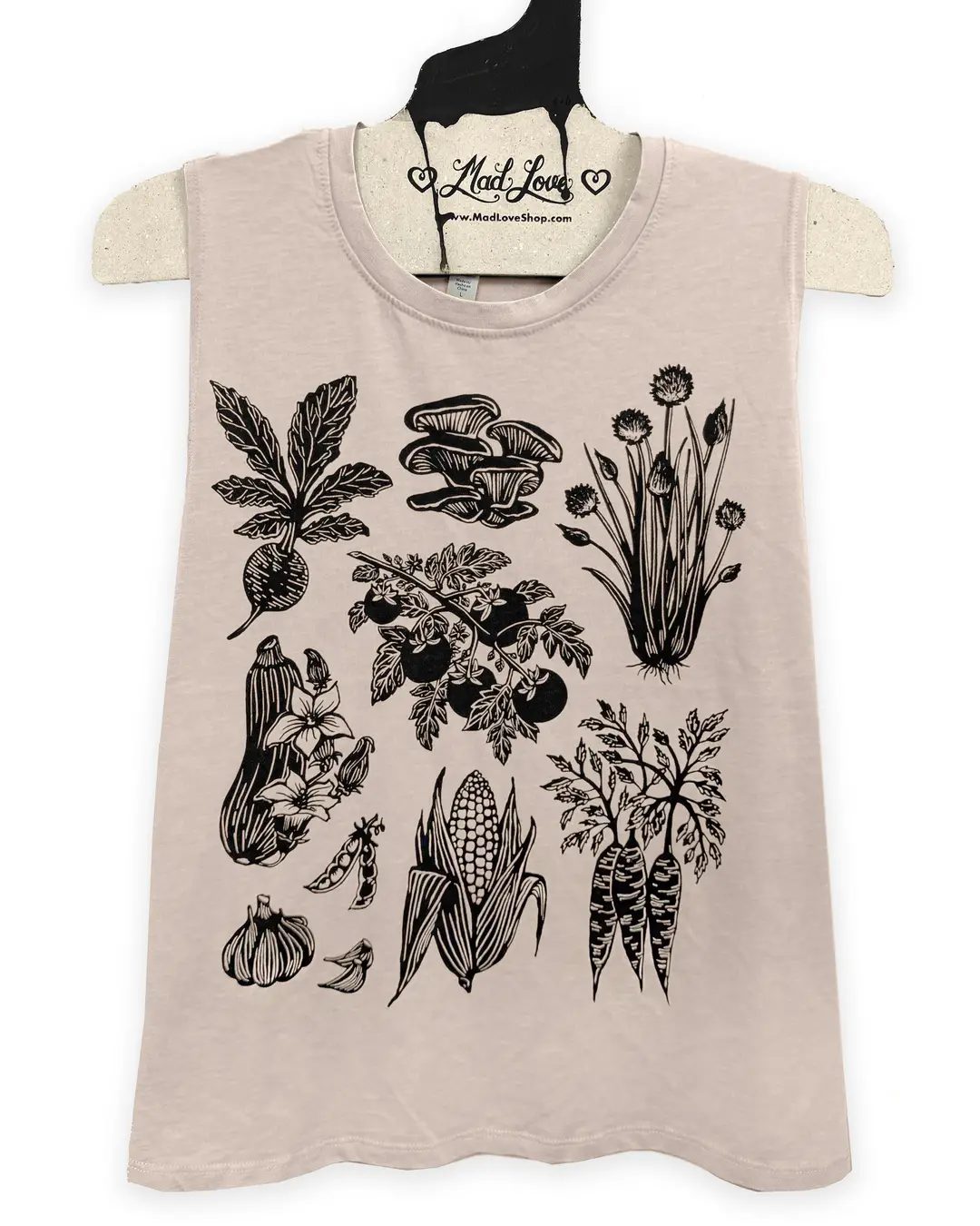 Mad Love Semi Crop Tan Muscle Tank with Vegetable Garden Design