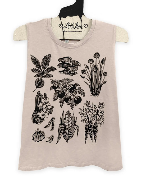 Mad Love Semi Crop Tan Muscle Tank with Vegetable Garden Design