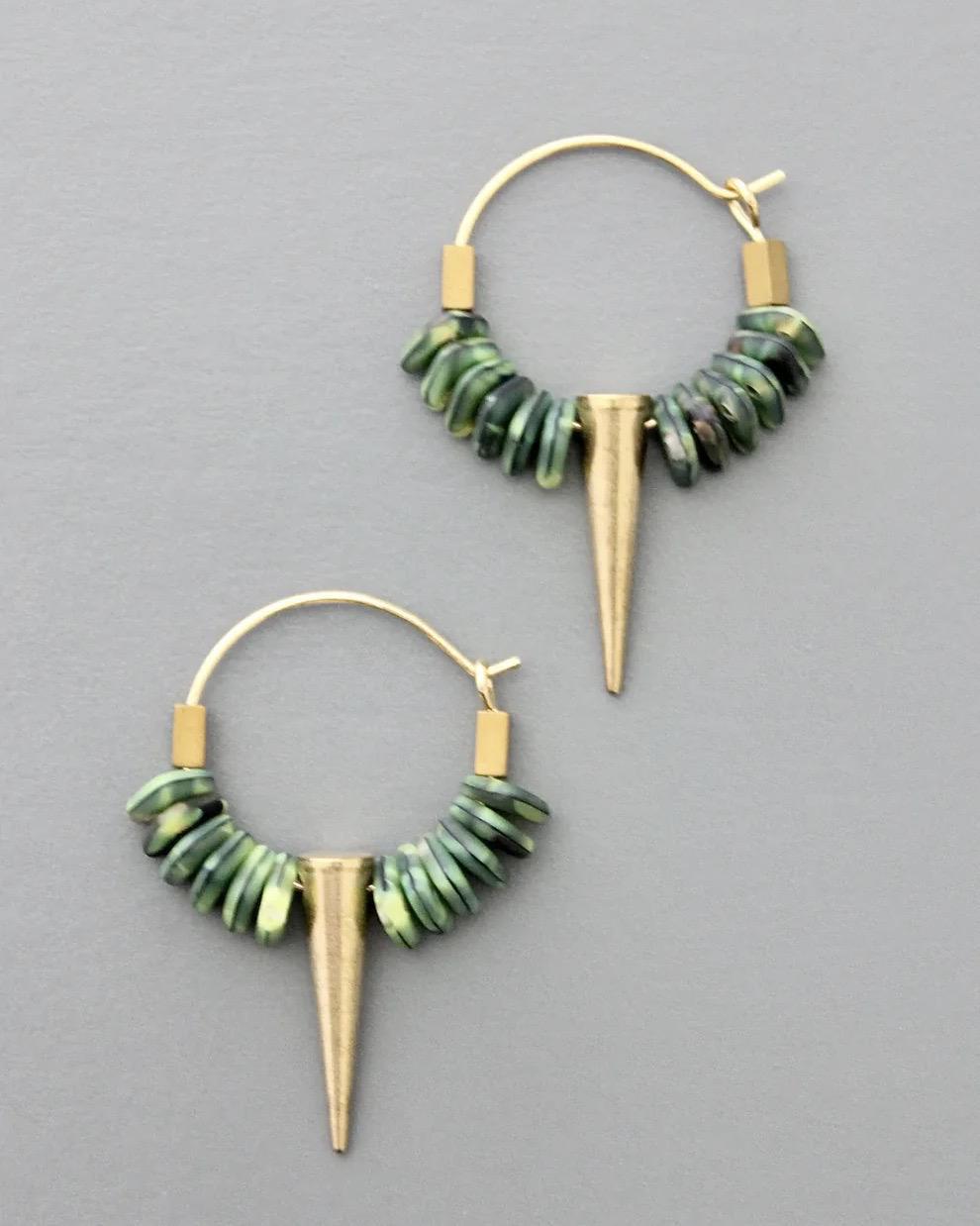 David Aubrey Green Glass and Spike Hoop Earrings