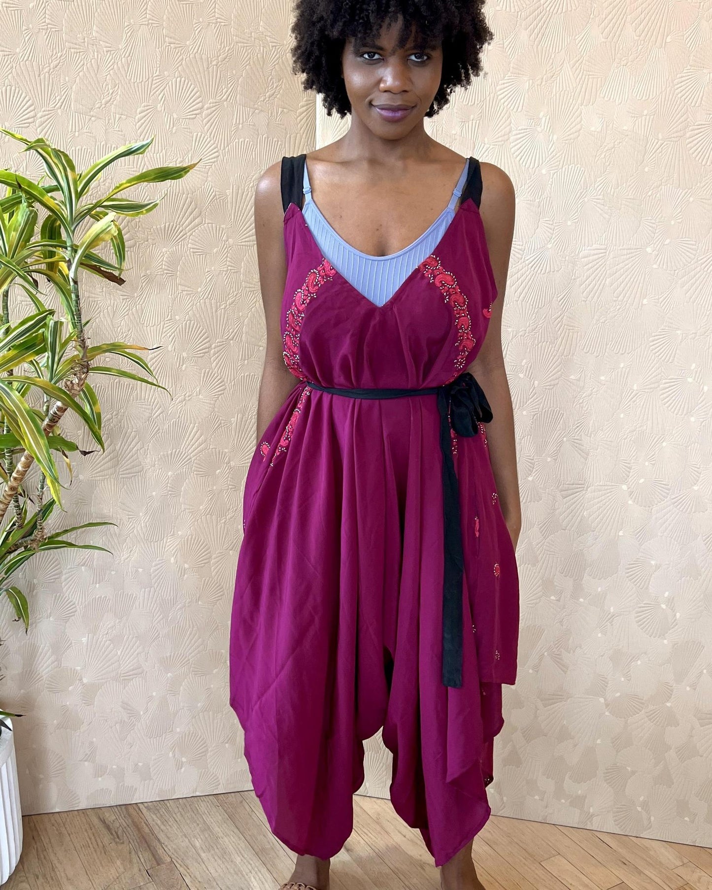 Indie Ella Zatanna Boho Silk Jumpsuit in Red Red Wine