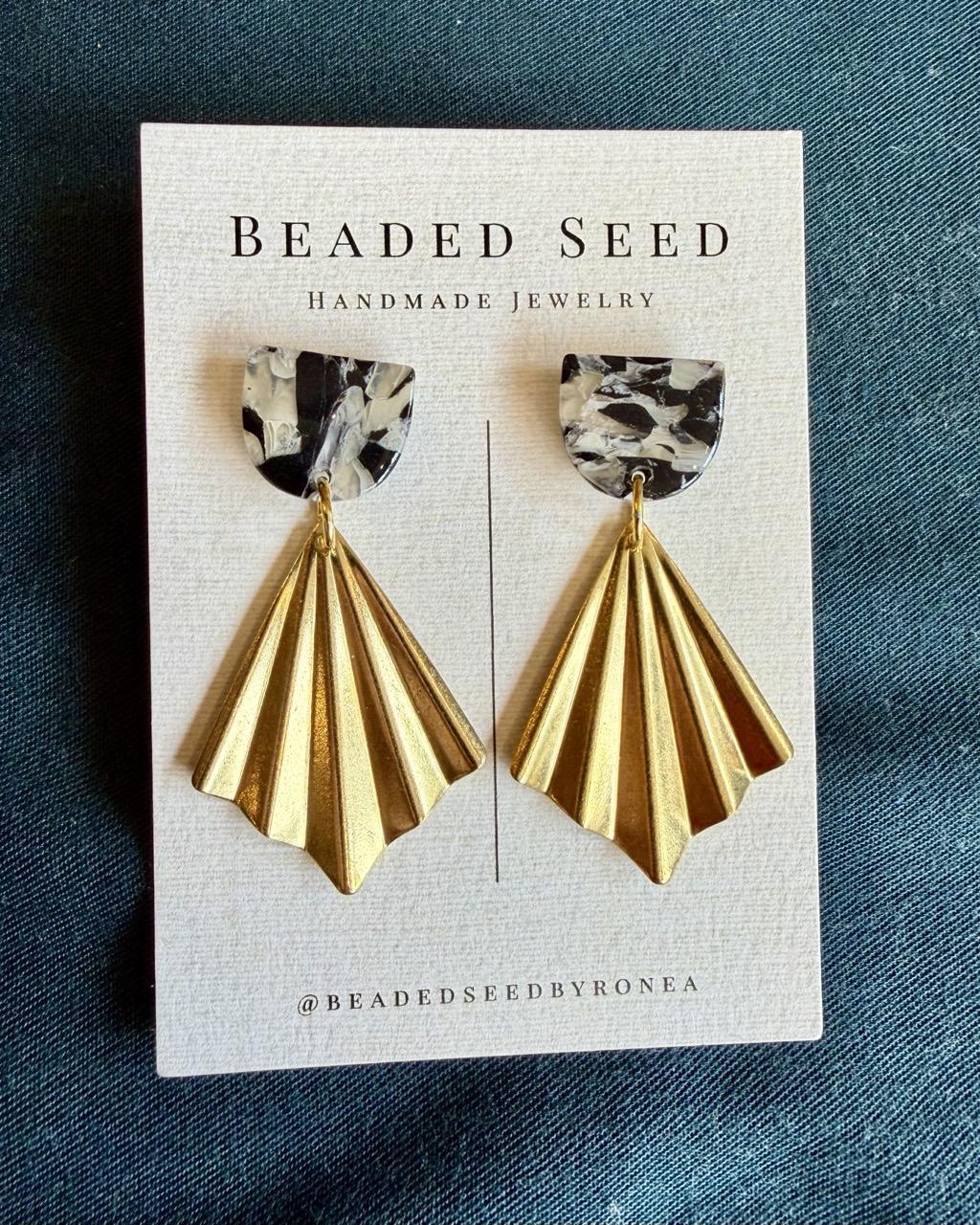 Beaded Seed by Ronea Gold & Marbled Black Dangle Stud Earrings