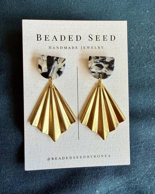 Beaded Seed by Ronea Gold & Marbled Black Dangle Stud Earrings