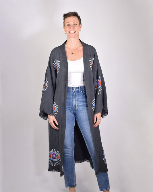 Txtile Luxury Turkish Cotton Evil Eye Kimono/Robe - Moonstone (Charcoal Gray)