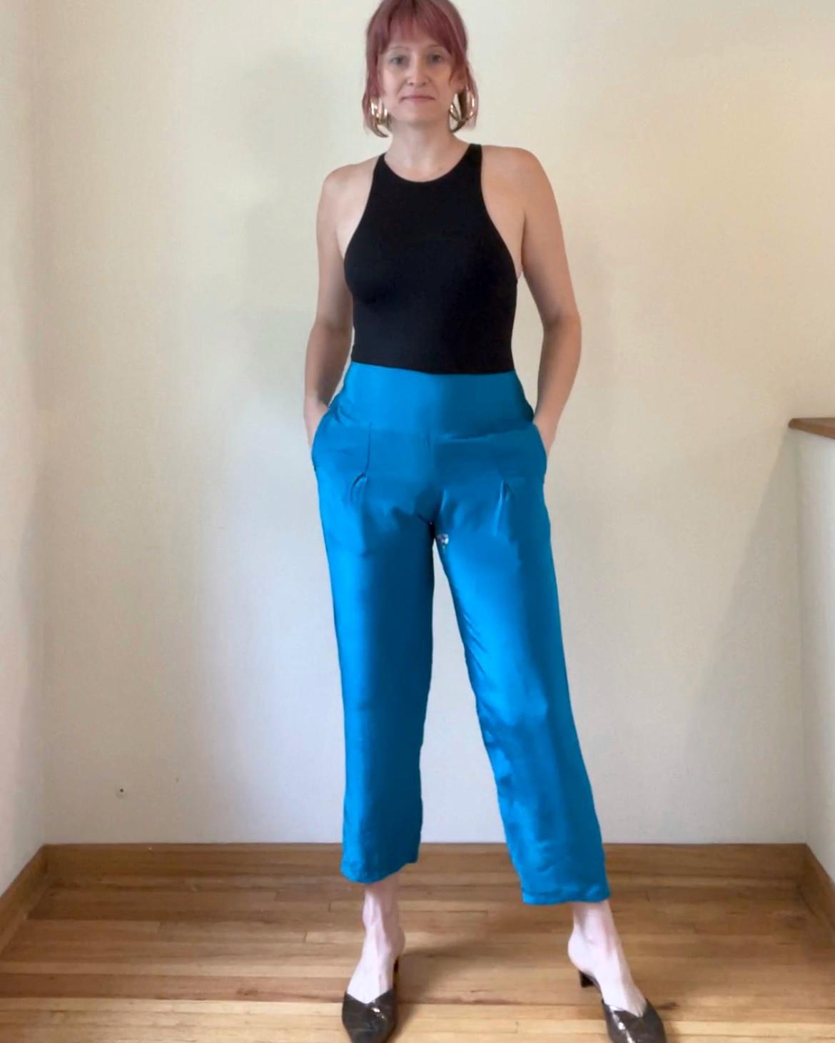 Indie Ella Silk Frida Ankle Capri Trouser Pants in Aquamarine