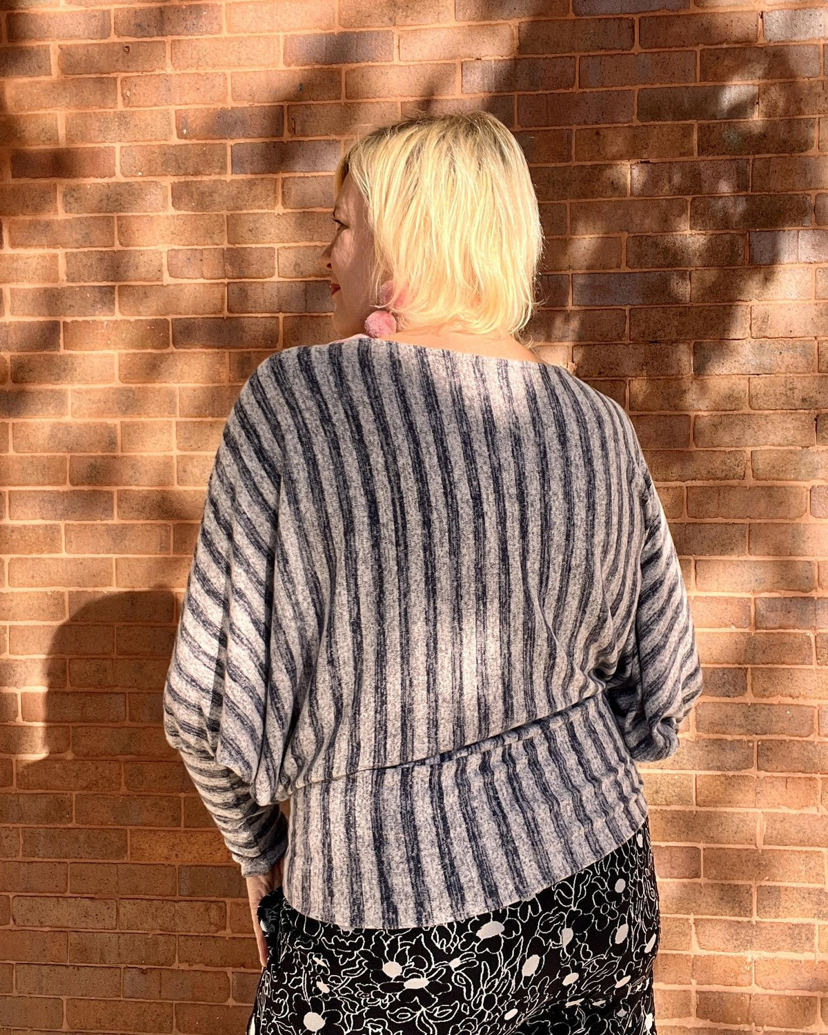 Squasht Batwing Sweater in Lightweight Light Gray and Blue Stripes