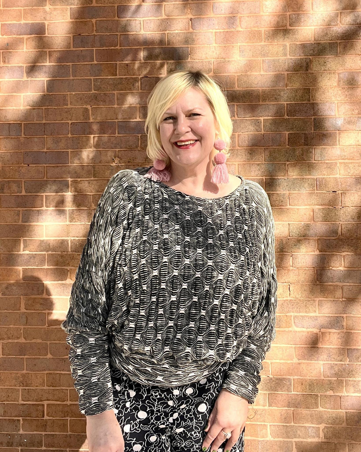 Squasht Batwing Sweater in Textured Black and White Diamond Print Knit - Size Medium, XL