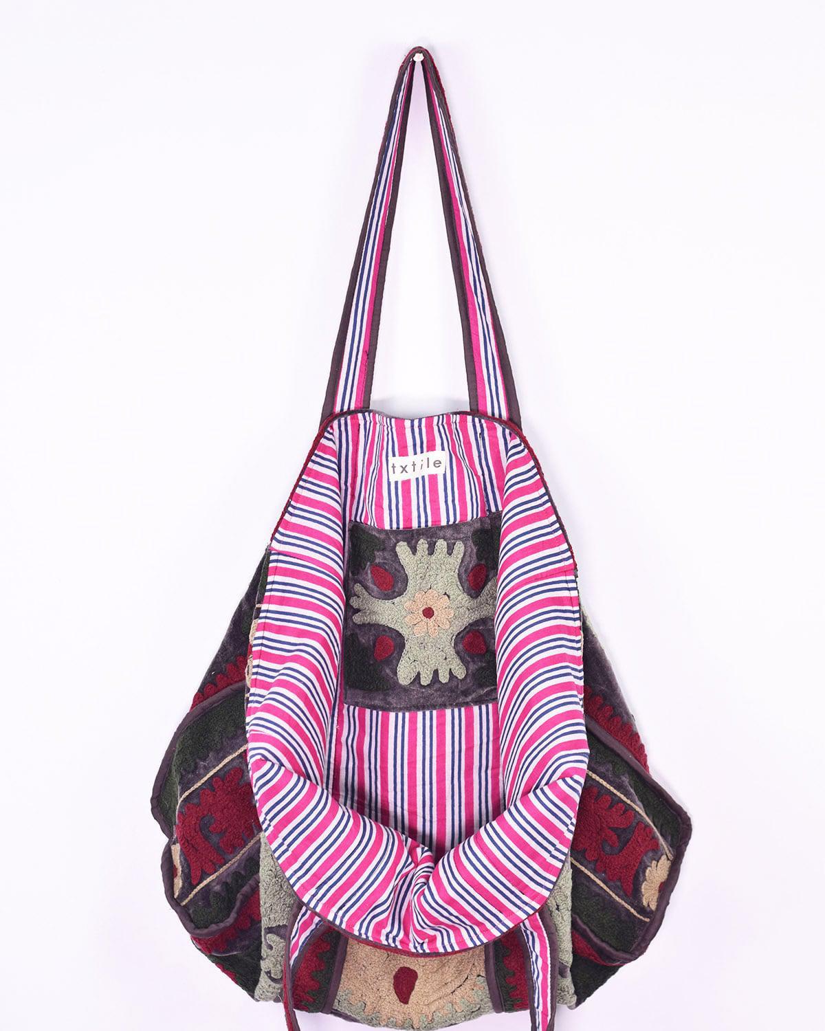 Txtile Velvet Embroidered Tote Bag - Shades of Reds and Greens