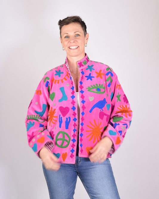 Txtile Hot Pink Velvet Jacket with Embroidered Peace, Evil Eye, Boots, Hearts Motif