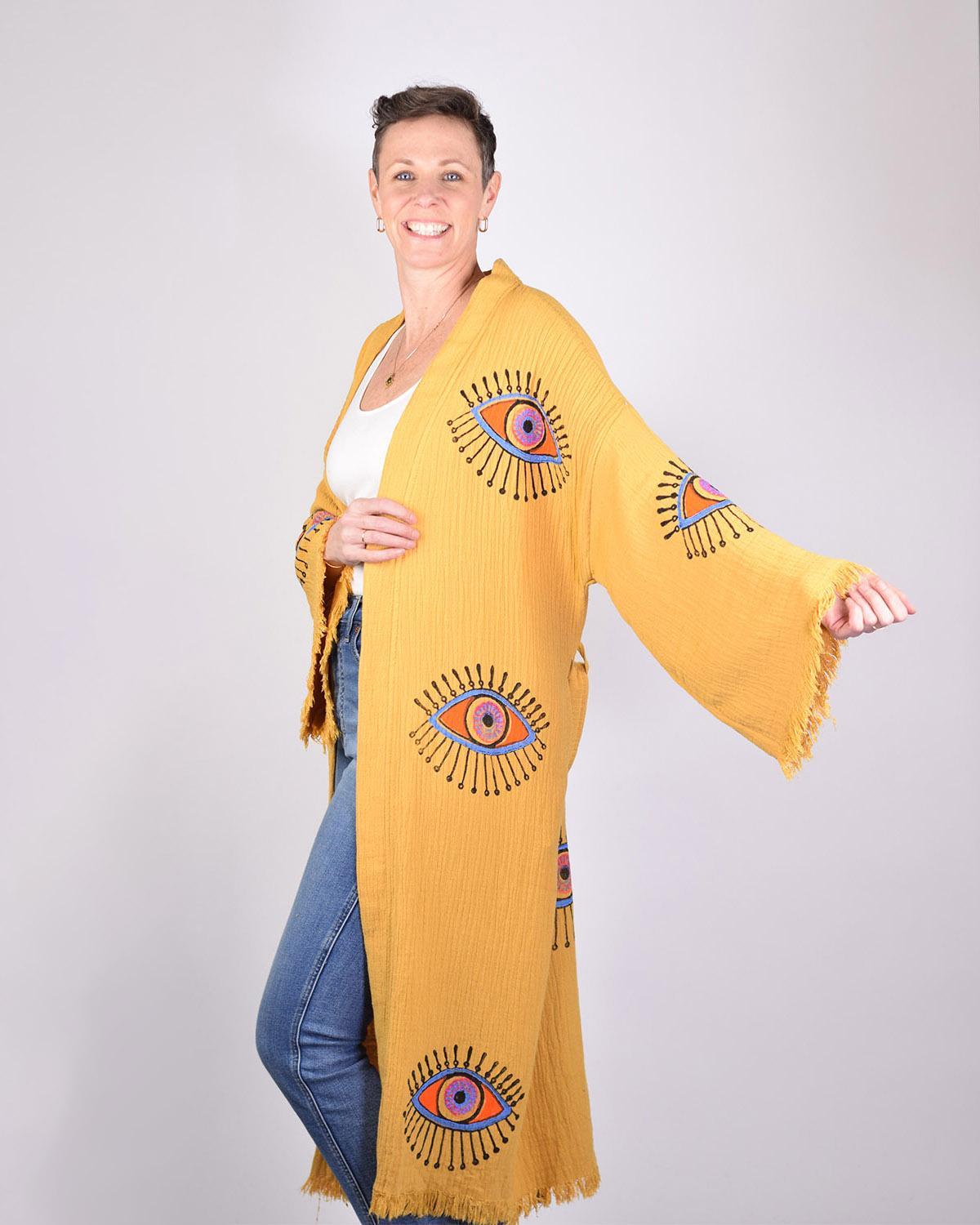 Txtile Luxury Turkish Cotton Evil Eye Kimono/Robe - Yellow Ochre