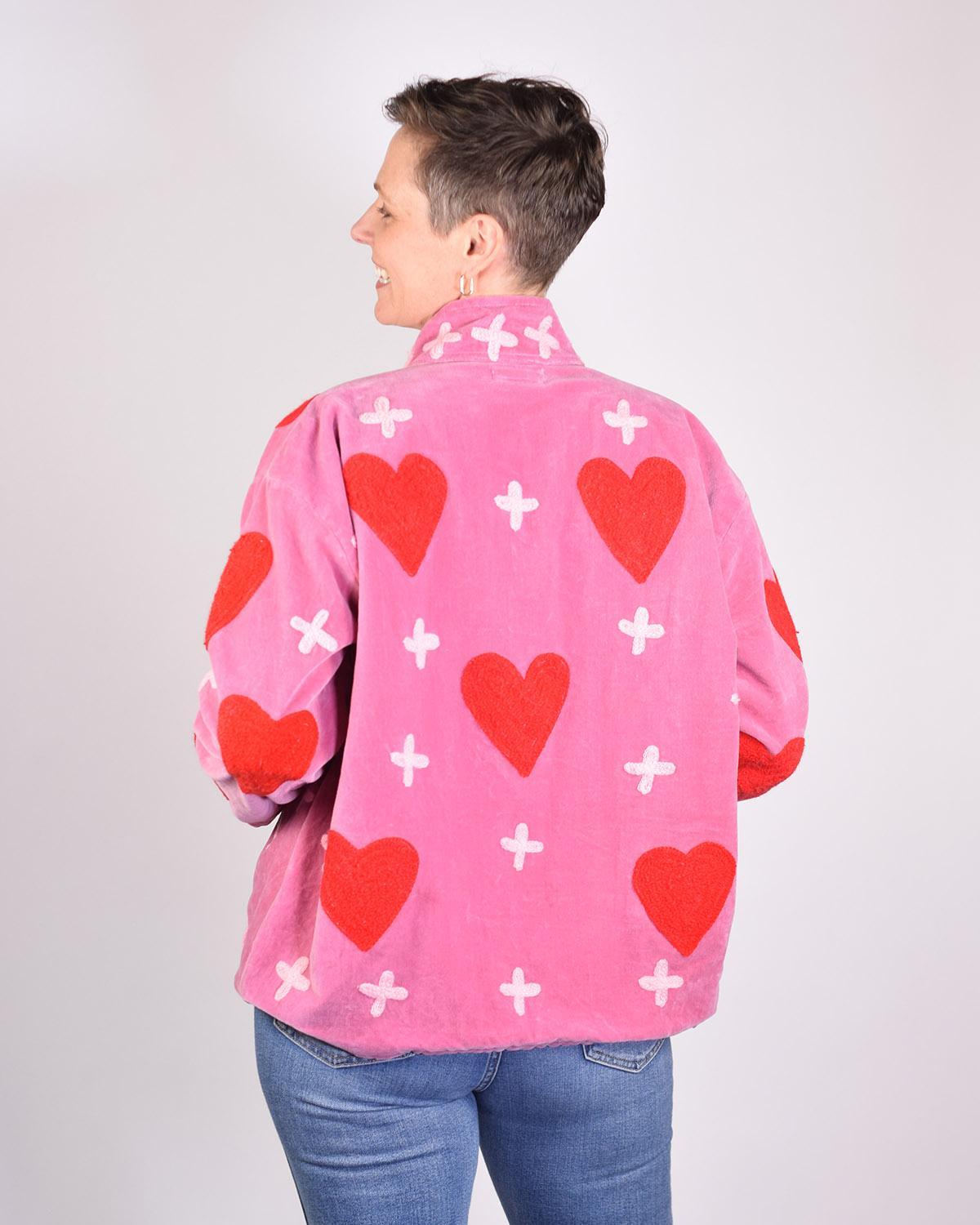 Txtile Blush Pink Velvet Jacket with Embroidered Red Hearts