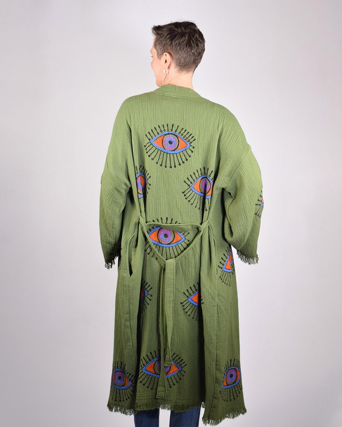 Txtile Luxury Turkish Cotton Evil Eye Kimono/Robe - Olive Grove