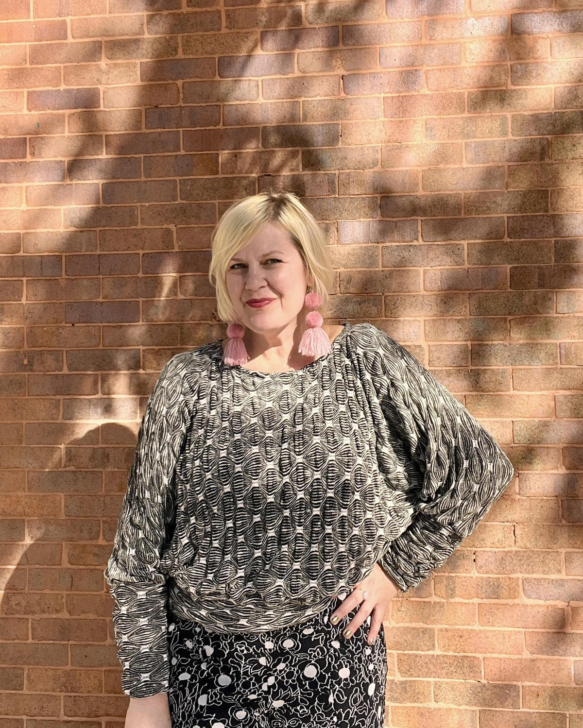Squasht Batwing Sweater in Textured Black and White Diamond Print Knit - Size Medium, XL