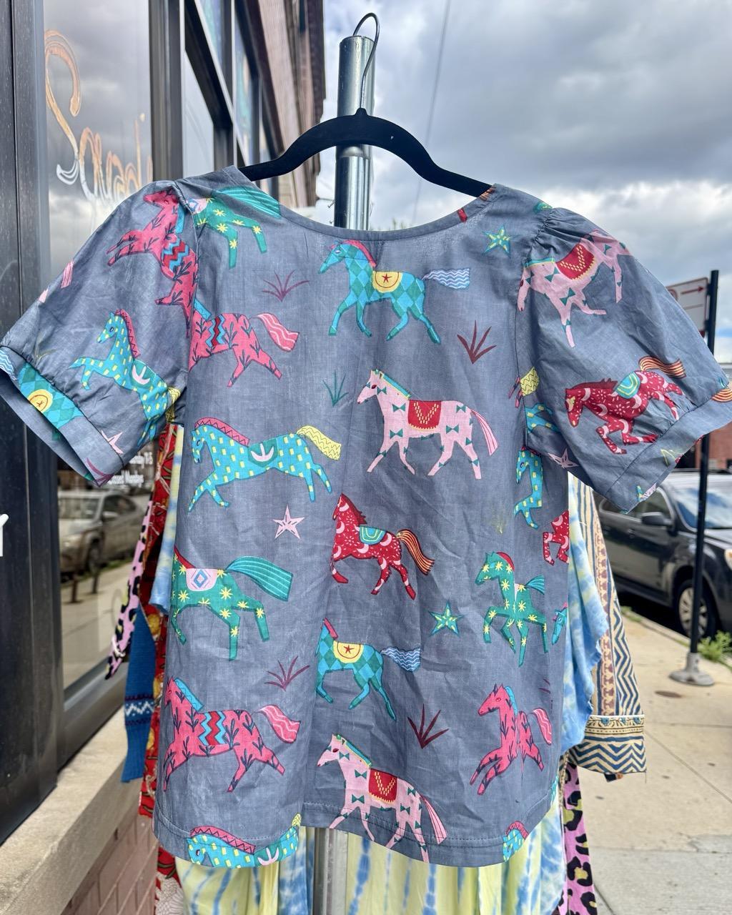 Squasht Puff Sleeve Top in Gray Horses