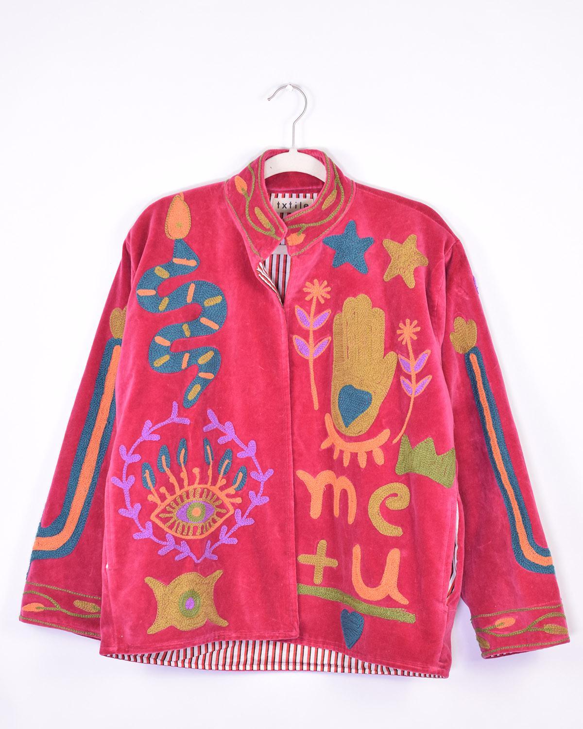 Txtile Hot Pink Velvet Jacket with Snake and Cactus Motif
