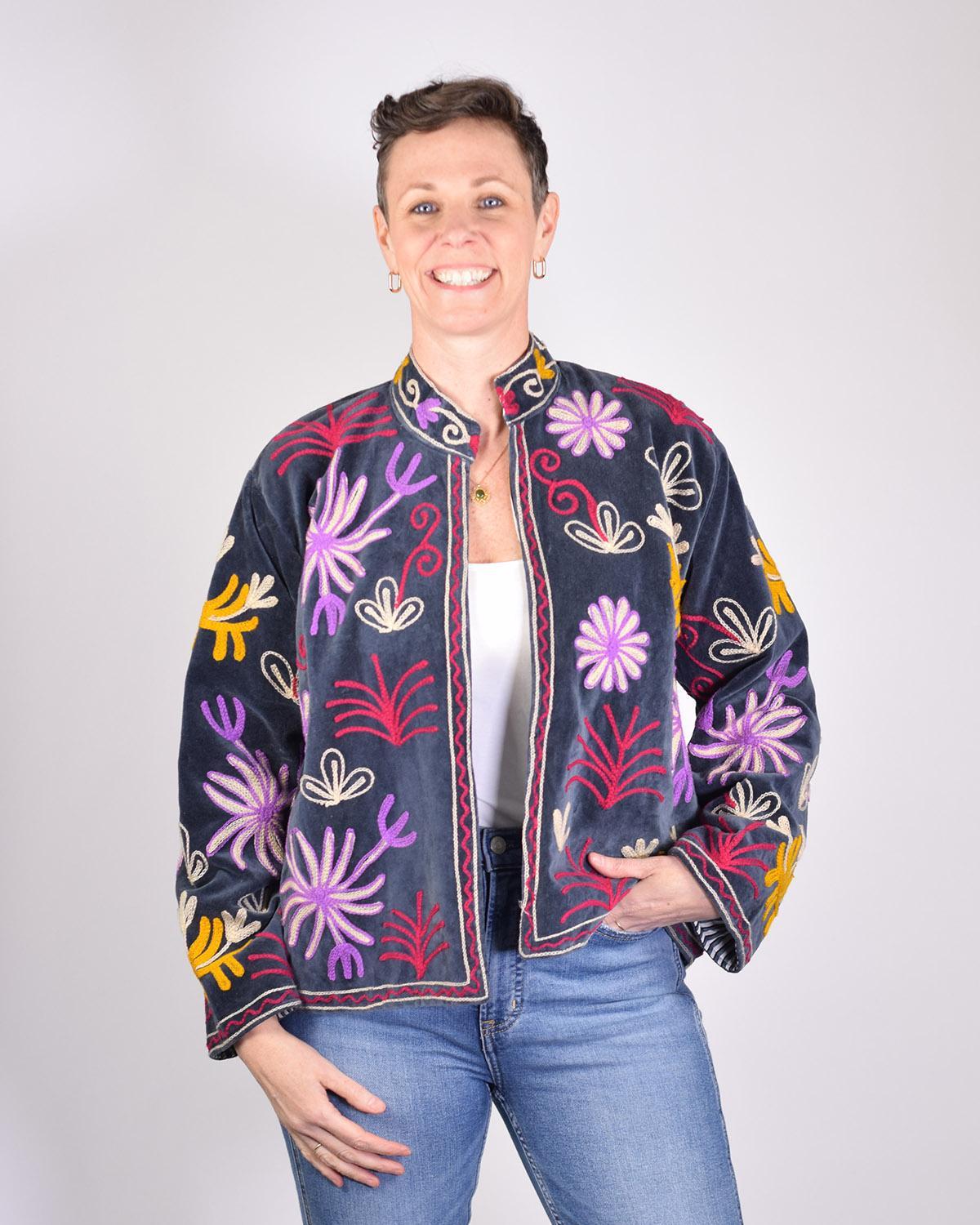 Txtile Slate Gray Velvet Jacket with Embroidered Leopard and Floral Motif