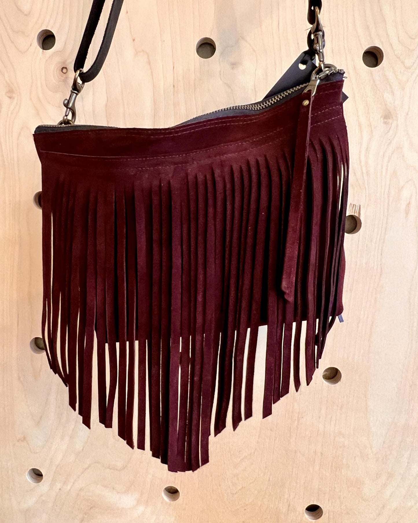 Vallente Leather Fringe Handbag in Deep Plum