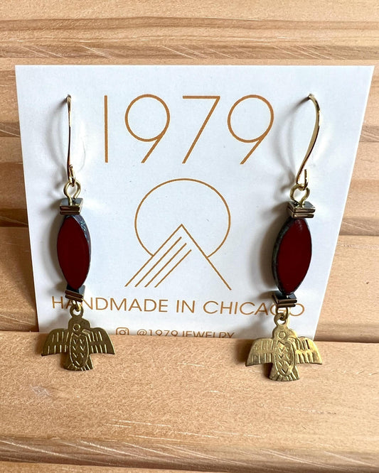 1979 Jewelry Brass Earrings Rust Ovals with Brass Thunderbirds