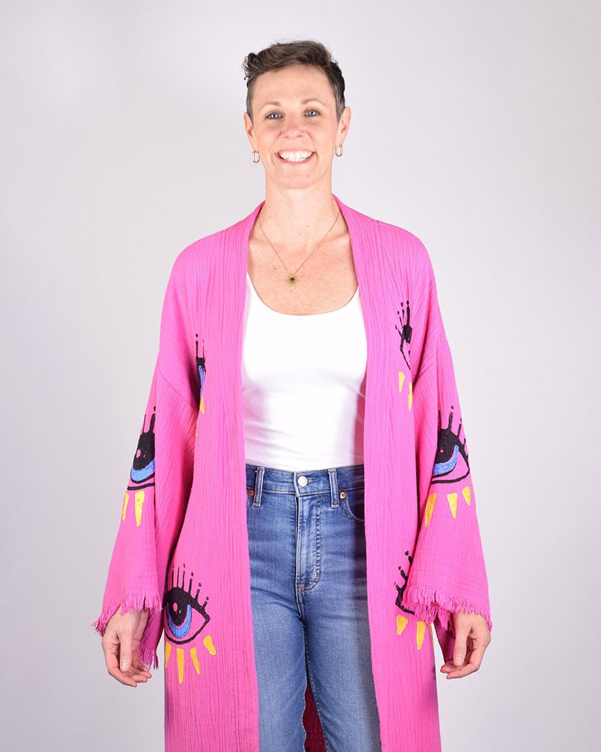 Txtile Luxury Turkish Cotton Evil Eye Kimono/Robe - Pink Dahlia