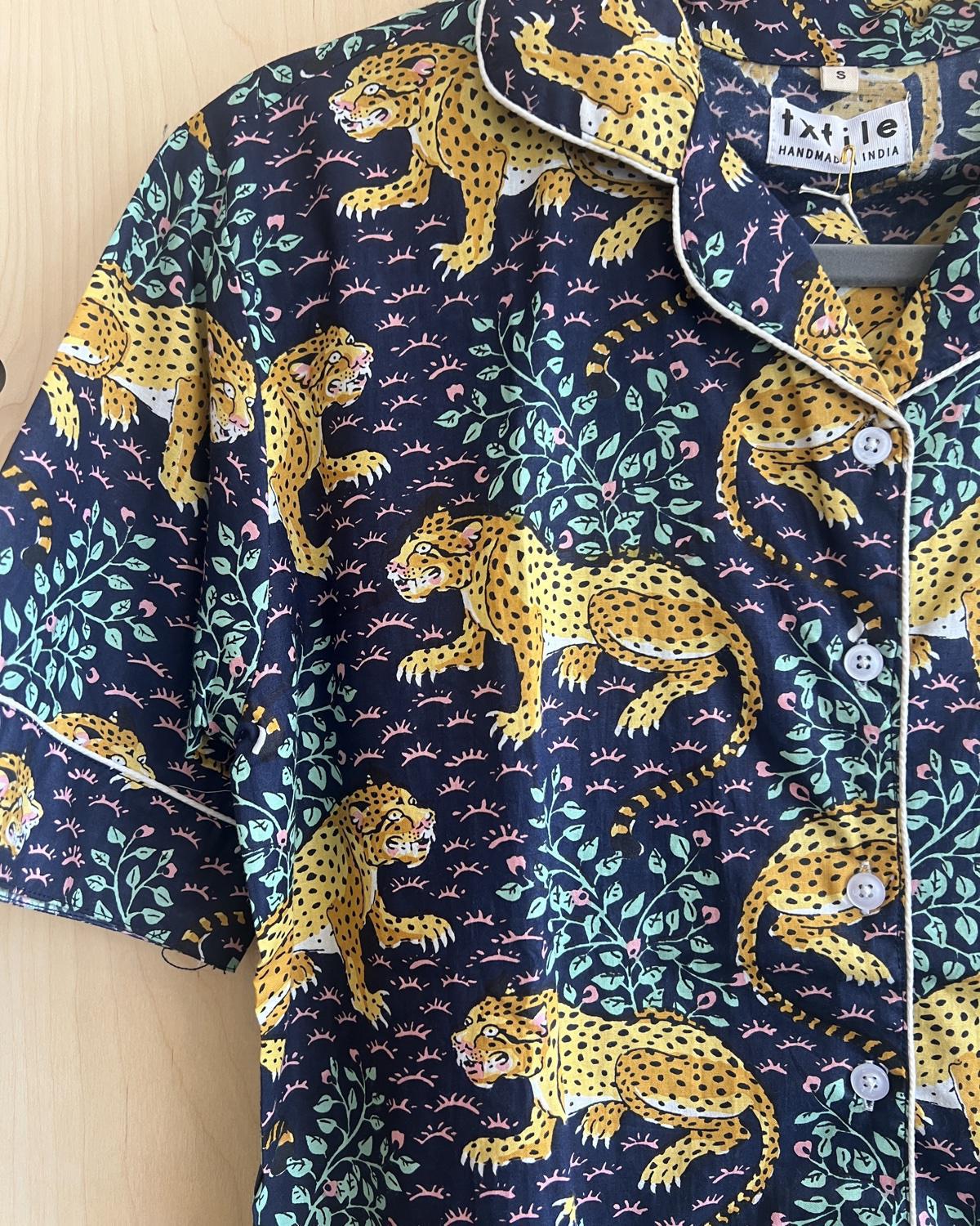 Txtile Button Up Shirt - Pajama Style - Fierce Leopard Print on Navy Background - SALE