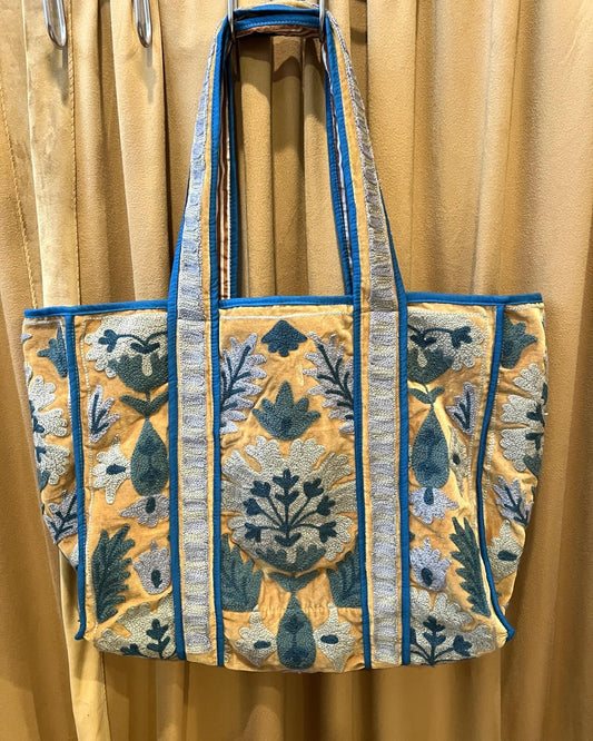Txtile Velvet Suzani Tote Bag in Gold and Teal