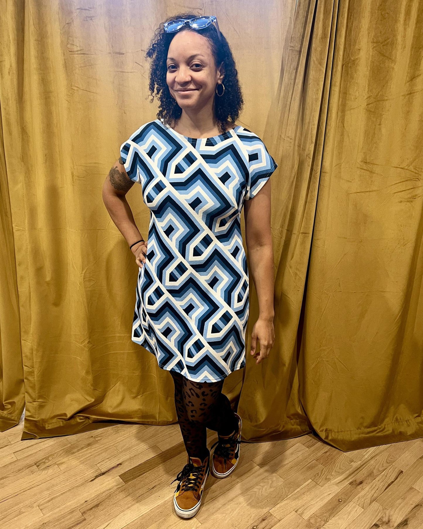 Fayru Faye Dress in Navy and White Geometric