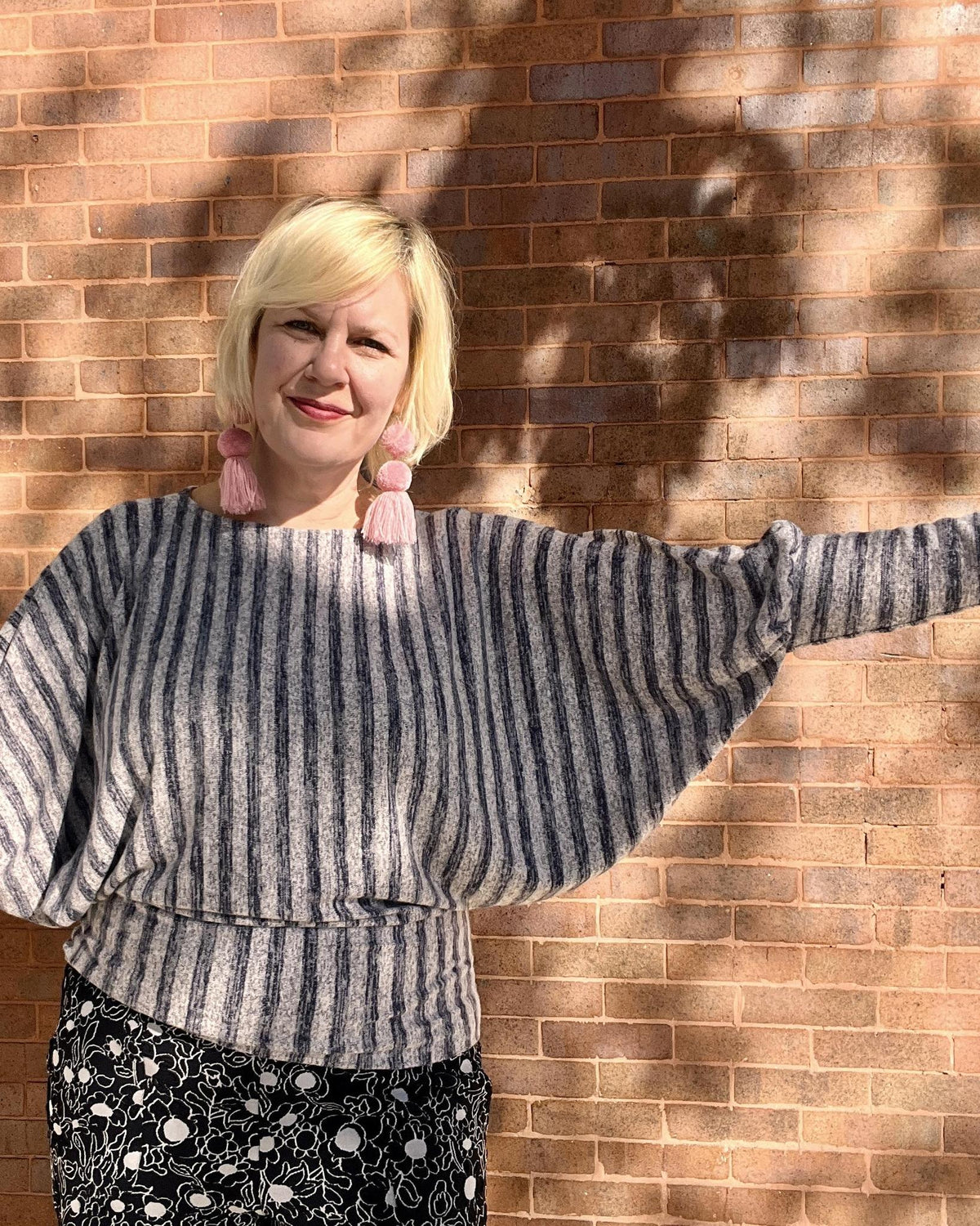 Squasht Batwing Sweater in Lightweight Light Gray and Blue Stripes