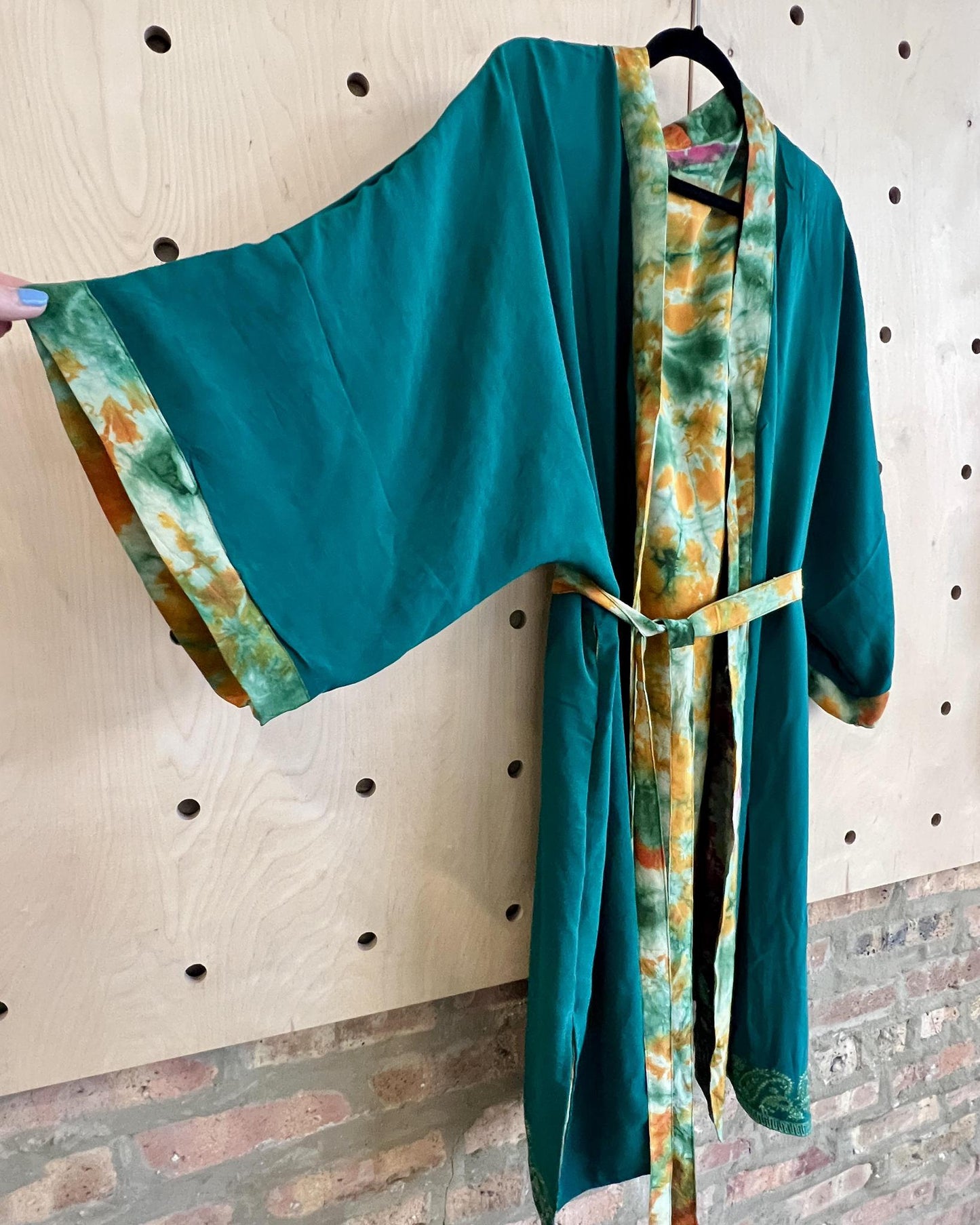 Indie Ella Double Flannery Lined Crepe Silk Kimono in Pink & Green Tie Dye