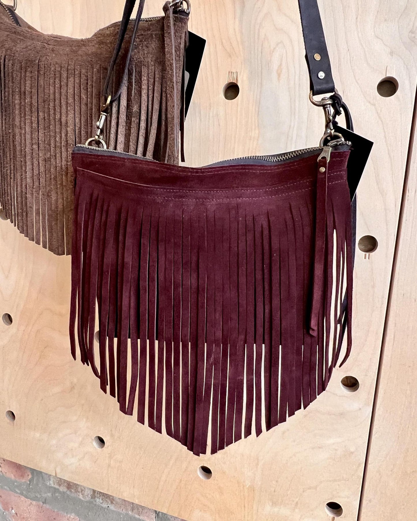 Vallente Leather Fringe Handbag in Deep Plum