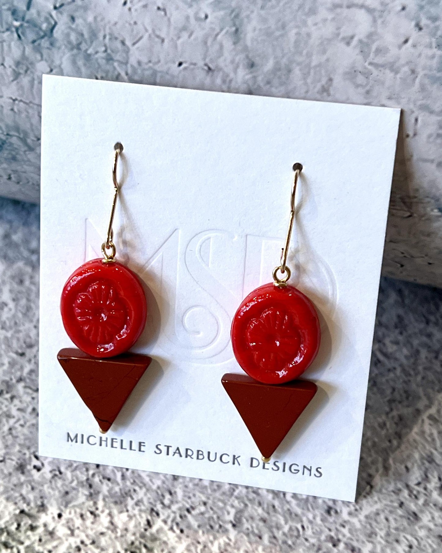 Michelle Starbuck Vintage Red Glass and Red Jasper Triangle Earrings