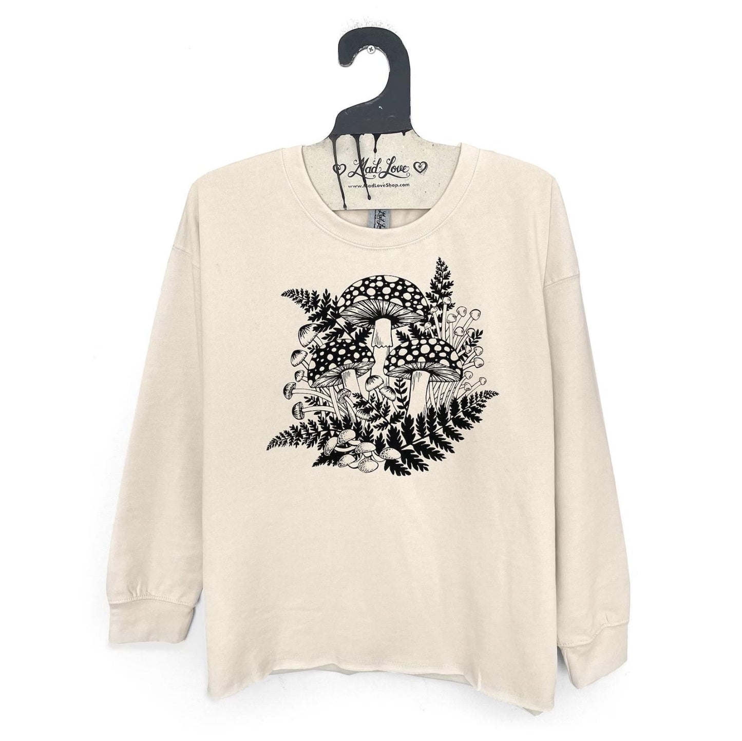 Mad Love Cream Beach Fleece Sweatshirt with Mushroom and Fern - Medium