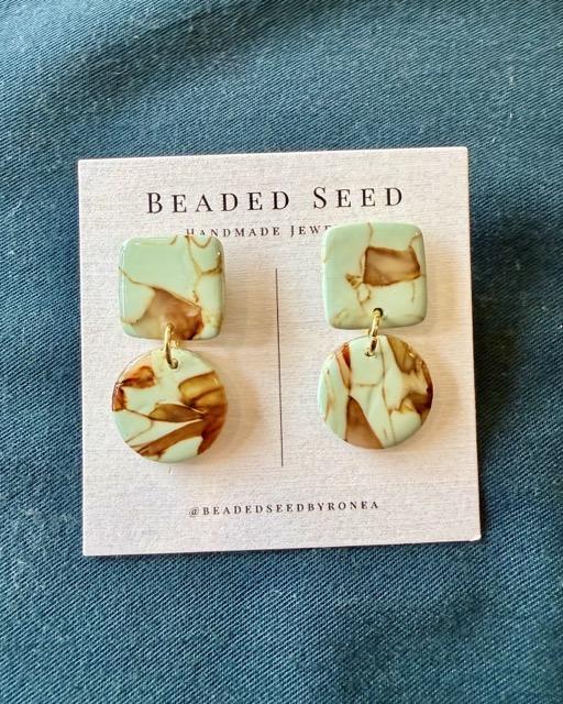 Beaded Seed by Ronea Mint & Brown Marble Stud Dangle Earrings